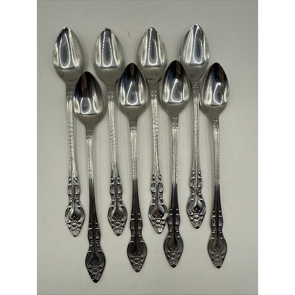 SILVERWARE ROGERS Stainless Steel Lisette ~ Lot of 8 Ice Tea Spoons EUC Korea